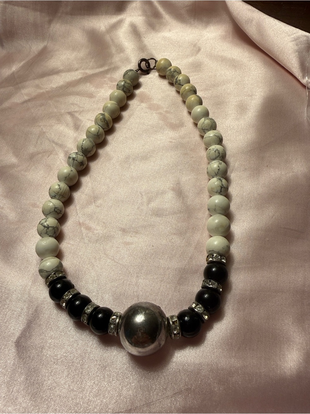 Handcrafted White Howlite & Black Bead Necklace with Silver Accent